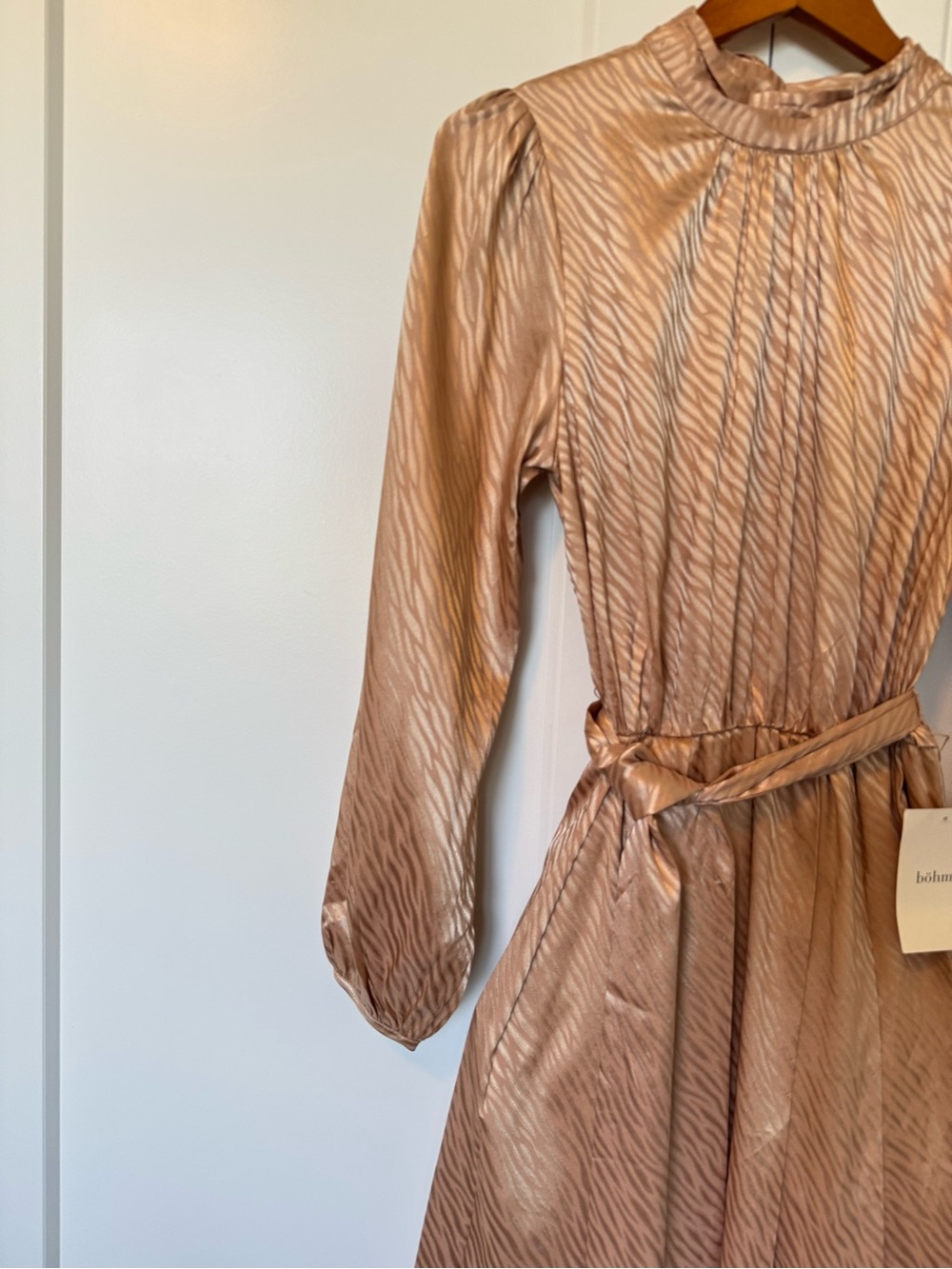 bohme Blush-Tan Long Sleeve Midi Dress with Waist Tie - Picture 2 of 13